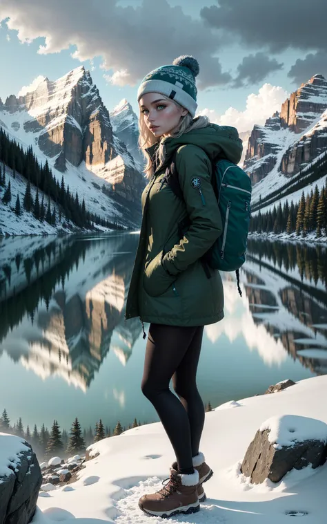 arafed woman standing on a snowy mountain overlooking a lake