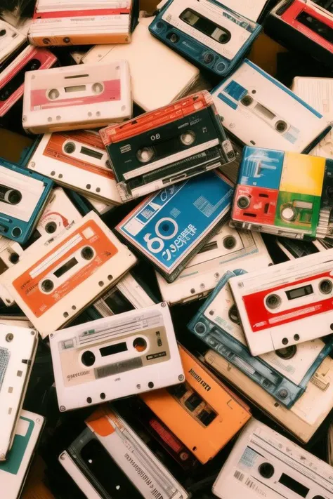 a close up of a pile of cassettes with different colors