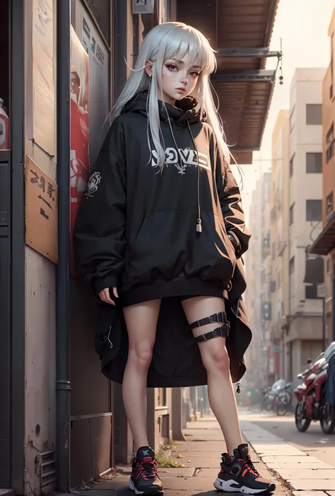 arafed woman with white hair and black hoodie standing on a skateboard