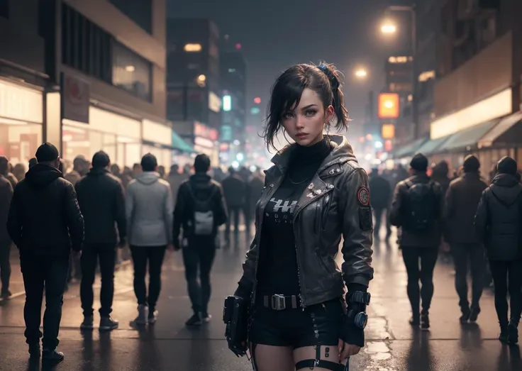 a woman in a black leather jacket standing in a crowded street