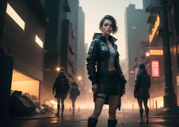 a woman in a leather jacket and boots standing on a city street