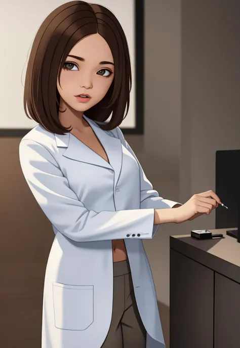 ultrarealistic, octane render, 8k,masterpiece,1girl, <lora:bonnieRockwallerKim_v10:0.5>,(Bonnie Rockwaller),  brown hair, geen eyes, lab, labcoat, medium breasts, suprised, lab equipment, holding vials, working, black pants