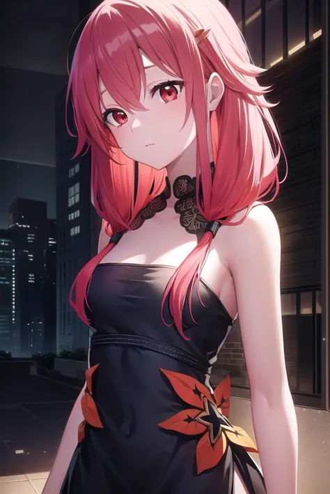 inoriyuzuriha, <lyco:inoriyuzuriha-lyco-nochekaiser:1>, 
inori yuzuriha, hair ornament, hairclip, long hair, pink hair, (red eyes:1.5), twintails,
BREAK black dress, dress, strapless, strapless dress,
BREAK night, night sky, sky, star (sky), star (symbol),...