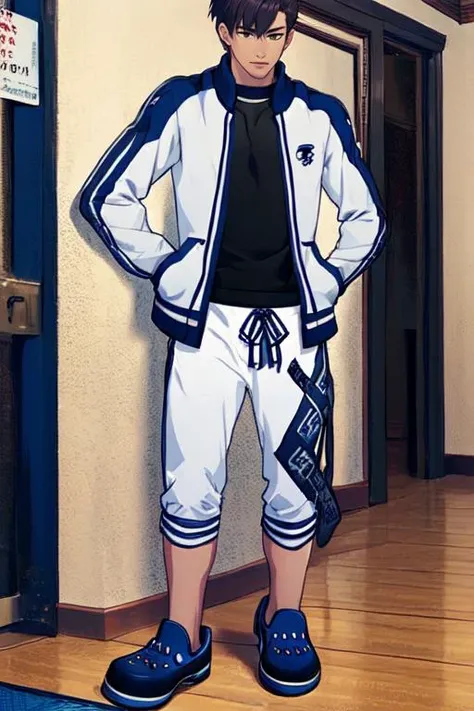 anime character in a white jacket and blue shorts standing in a hallway