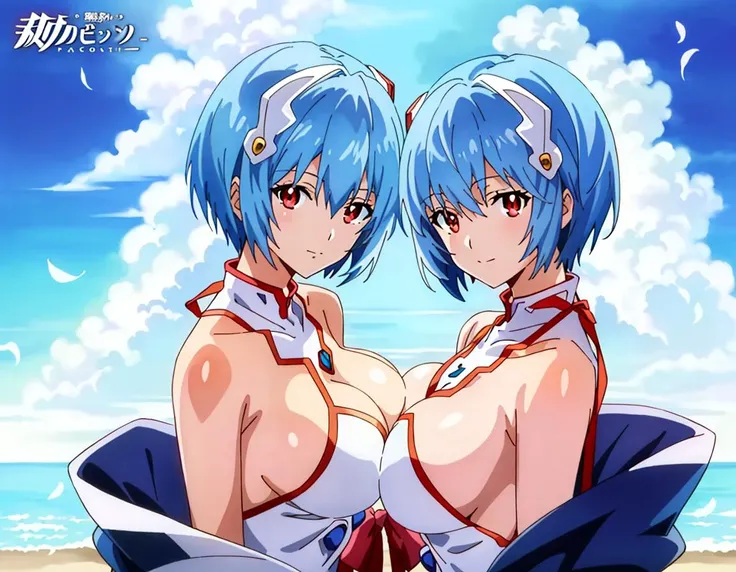 masterpiece portrait of two Rei Ayanami (evangelion), evangelion (Hideaki), high resolution illustration, red eyes, feminine, no pupils, blue hair, short hair, nsfw, 2girls, twins, flowing priestess silk robes blowing in the wind, royalty jewerly, quizzati...