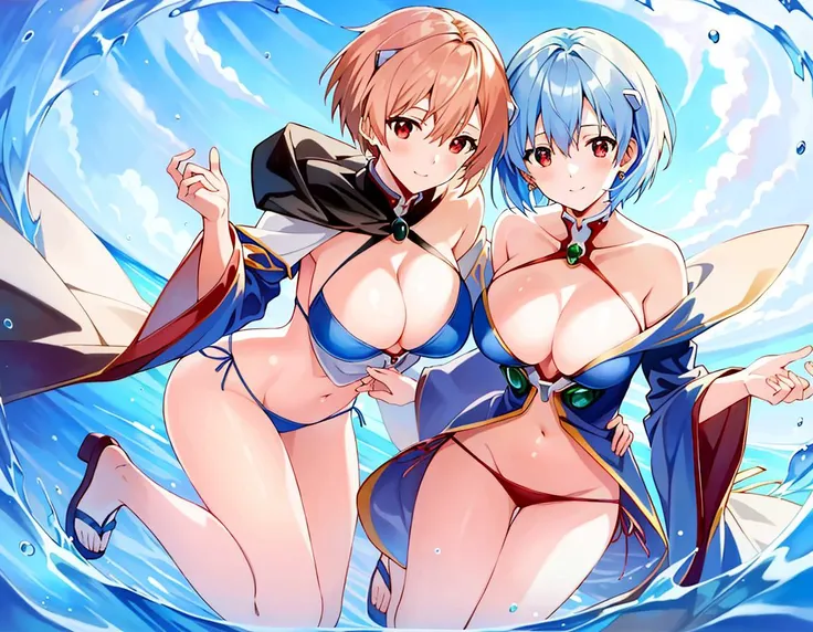 masterpiece portrait of two Rei Ayanami (evangelion), evangelion (Hideaki), high resolution illustration, red eyes, feminine, no pupils, blue hair, short hair, nsfw, 2girls, twins, flowing priestess silk robes blowing in the wind, royalty jewerly, quizzati...