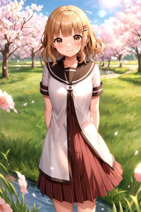 anime girl in a short dress standing in a field of flowers