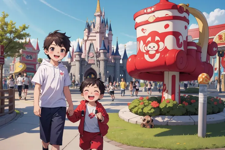 anime characters walking in front of a castle with a red and white teapot