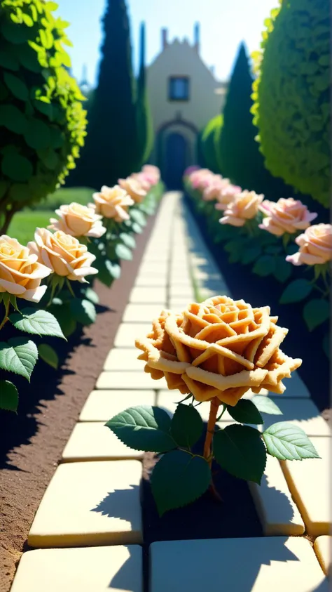 <lora:WaffleStyleXL:1>WaffleStyle  thorny rose bush bursting into vibrant bloom along a garden path, made out of waffles, (Masterpiece:1.3) (best quality:1.2) (high quality:1.1)