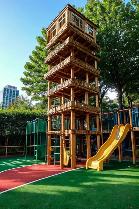 photo of arwplaygroundinterior, <lora:arwplaygroundoutdoor:1>, outdoor playground, grass, slide, tree house, track, sand box, huge, massive, super complex, gigantic, multiple stories, multiple floors, tower skyscraper, realistic, (masterpiece:1.1), (best q...