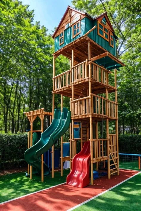 photo of arwplaygroundinterior, <lora:arwplaygroundoutdoor:1>, outdoor playground, grass, slide, tree house, track, sand box, huge, massive, super complex, gigantic, multiple stories, multiple floors, elevator, monorail, realistic, (masterpiece:1.1), (best...