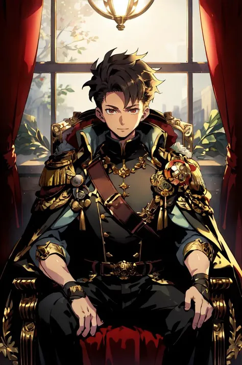 ultra detailed, masterpiece, best quality, solo, <lora:himukai_yuuji_style_v01:1> , throne room, sitting, arm rest, head on hand, red banner,
smile,
1boy, red eyes, <lora:Tsurime3:1>, (tsurime:1.2), black hair, undercut, top knot, parted bangs, bangs, long...