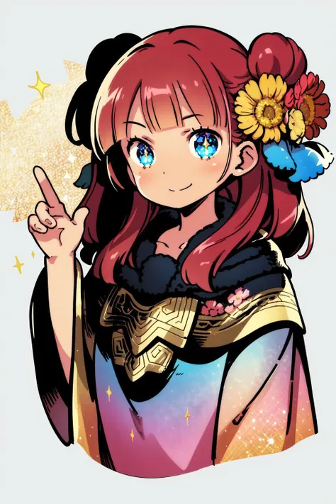 solo, mature female, happiness, red hair, one side up, blue eyes, bronze poncho, glitter particles, Nephrolepis (flower), floral background <lora:himukai_yuuji_style_v01:1>