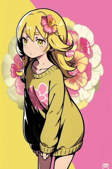 solo, mature female, stupid, yellow hair, hair rings, yellow eyes, pink pullover, sunbeam, Clarkia (flower), floral background <lora:himukai_yuuji_style_v01:1>