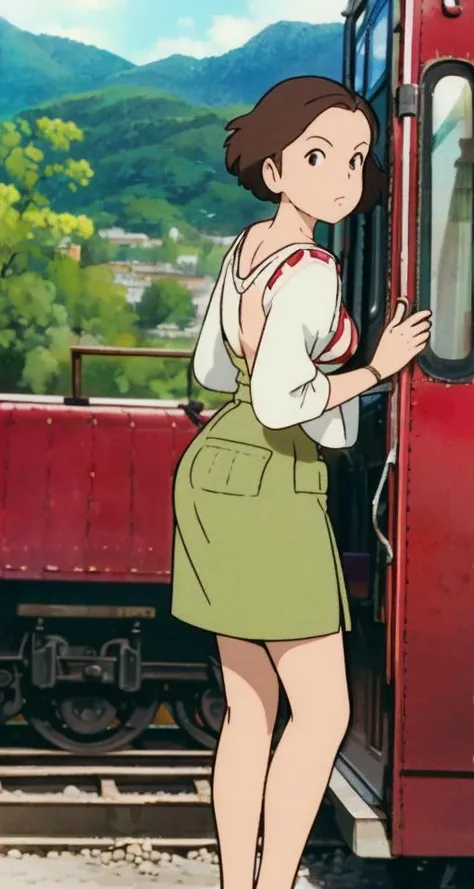 a close up of a woman standing next to a train