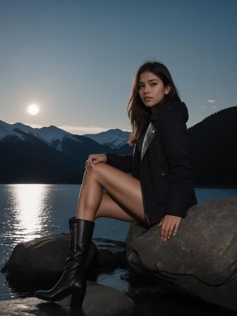 RAW photo,  tv_Tanya_Fernandes_MXAI, magazine ready pose, flirting with the camera,
BREAK
, sad expression, wearing a winter coat, wearing winter pants, wearing winter boots, sitting on a rock by a frozen mountain lake, midnight, moonlight, shot from the s...