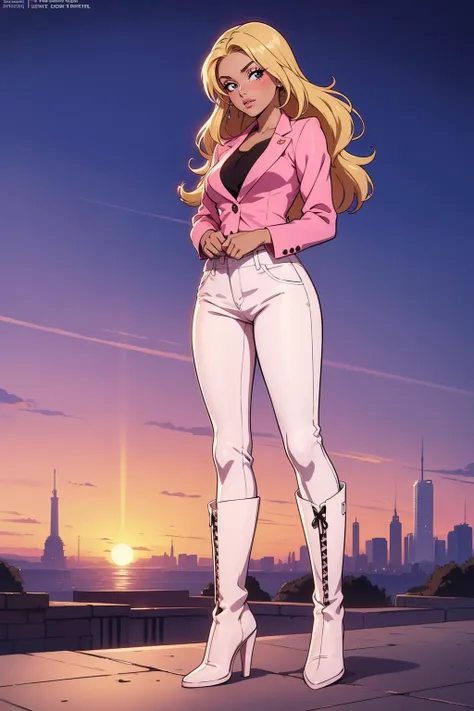 a cartoon of a woman in white pants and a pink jacket