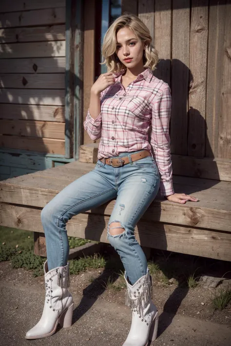 a woman in a pink shirt and jeans sitting on a bench