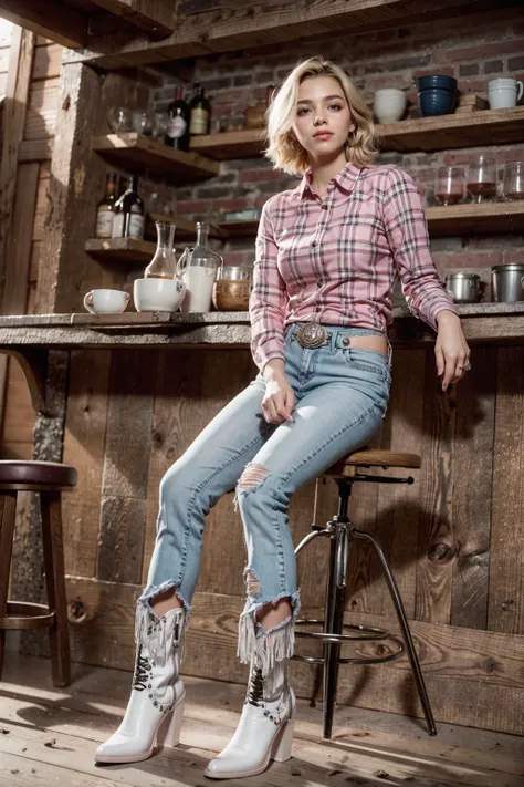 arafed woman sitting on a stool in a kitchen wearing a plaid shirt and jeans