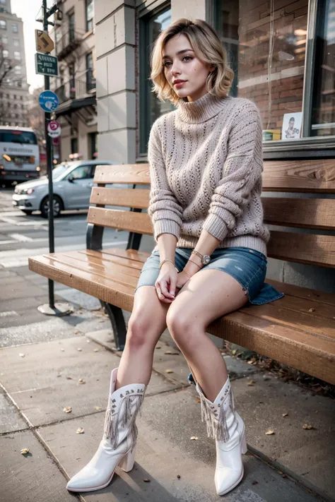 araffe sitting on a bench in a city wearing a sweater and denim shorts