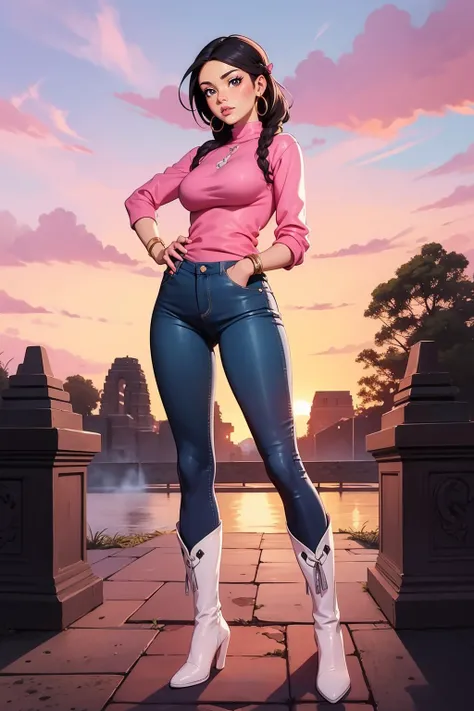 a woman in jeans and boots standing on a sidewalk