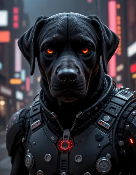 "cybernetically enhanced cyborg labrador black dog , realistic cyberpunk 2077 concept art"