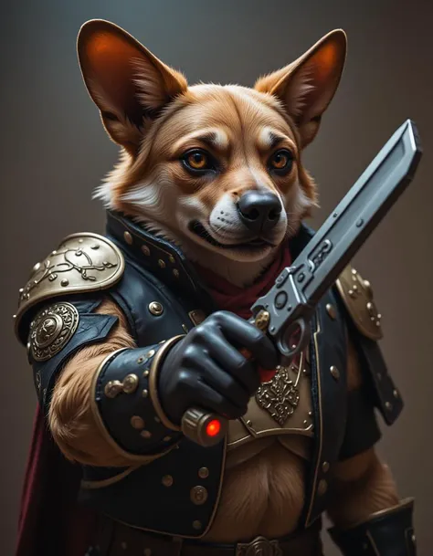 dog with weapons in hand, fantasy, dreamlike, surrealism, super cute, trending on artstation, best quality, 4k, 8k, ultra highres, photograph, sharp focus, intricate texture,