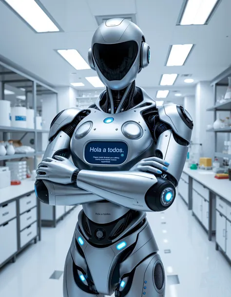 This is a highly detailed CGI rendering of a futuristic humanoid robot standing in a sterile laboratory environment. The robot, depicted in a sleek, metallic silver color with blue accents, has a sleek and modern design. It features a humanoid body with ar...