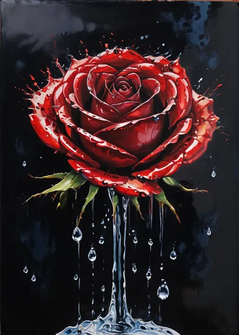 (acrylic painting:1.5), translucent, shiny dripping red wine rose, (waterdrops:1.5), (fluently:1.6), detailed, blue and black backgrund, cinematic light, <lora:sdxl_glass:0.8> <lora:Black_Goo:0.5> Black liquid, <lora:xl_more_art-full_v1:0.6>, (only uses 25...