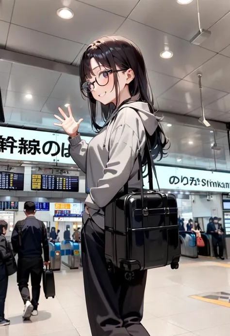 anime girl with black hair and glasses standing in an airport