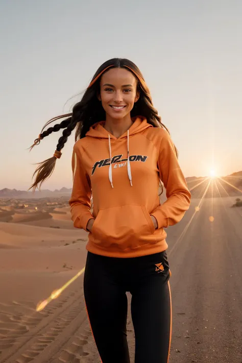 (Art Photography, Award Winning) (black long hair with blonde streaks:1.3) DV_Selma_Vicious  in (orange spandex leggings) and (orange Hoodie)(fast running, jogging in the Algerian desert)(Steve McCurry, 35mm, F/2.8), (Photo Focus, DOF, Aperture, insanely d...