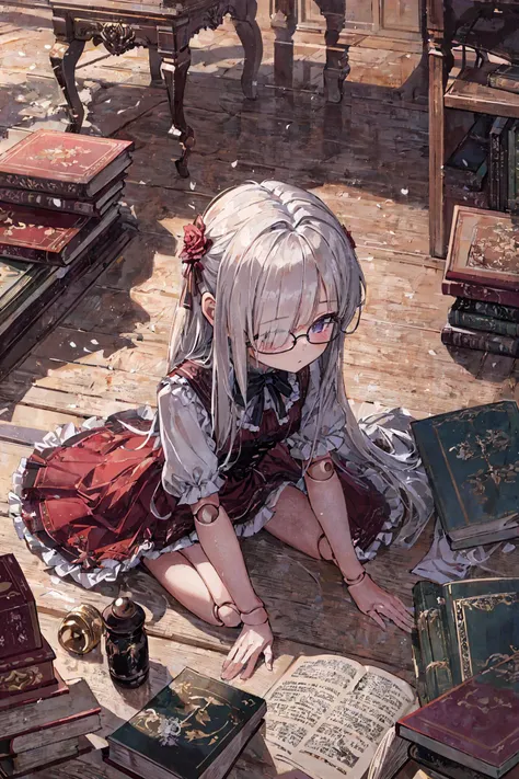 <lora:doll_joints_v0.1:1> doll joints, young, small girl, (looking away:1.3), indoors, library, book, reading a big book on the floor, very long hair, hair over eyes, covered eyes, blunt bangs, wariza, book on floor, frilled dress, from above, big glasses,...