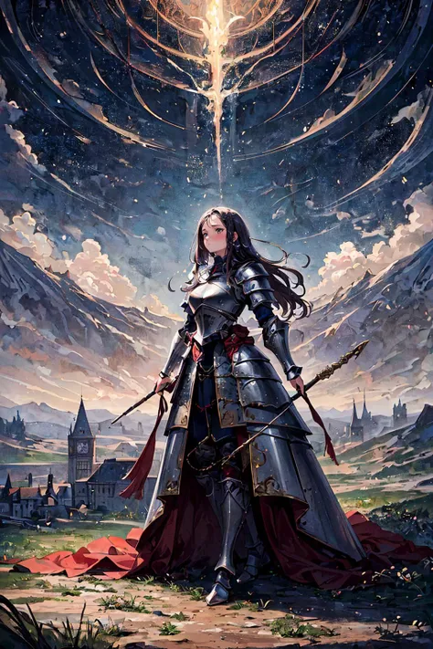 a woman in armor standing in front of a castle with a sword