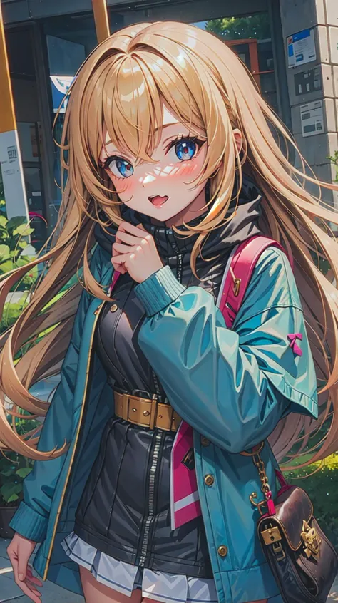 anime girl with long hair and blue eyes walking down the street