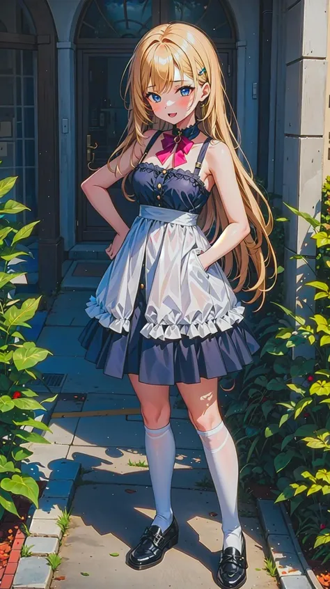 a close up of a woman in a dress and shoes standing in front of a house