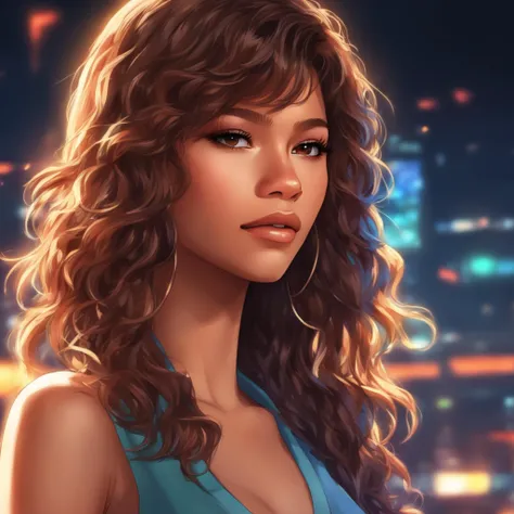 anime artwork 1girl, Zendaya woman, close up, v-neck shirt, dark background <lora:zendaya:1>  . anime style, key visual, vibrant, studio anime,  highly detailed