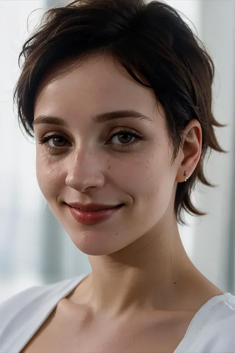 a close up of a woman with a white shirt and a smile