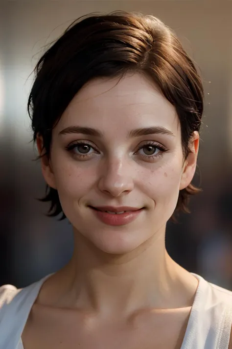 a close up of a woman with a white top and a brown hair