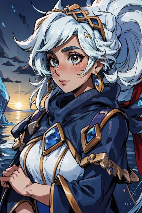 a woman with white hair and blue eyes standing in front of a mountain