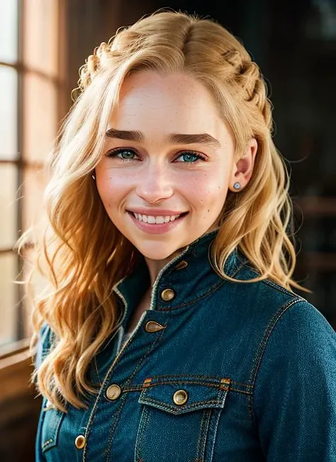 portrait of Emilia Clarke, smiling , wearing jeans , with strawberry blonde Choppy layers, background ocean, epic (photo, studio lighting, hard light, sony a7, 50 mm, matte skin, pores, colors, hyperdetailed, hyperrealistic), <lyco:Emilia Clarke:1.1>