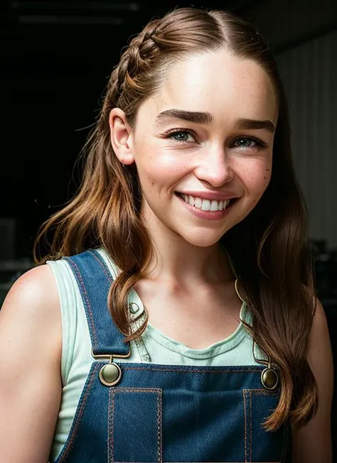 portrait of Emilia Clarke, smiling , wearing overalls , with chestnut Straight hair, background office, epic (photo, studio lighting, hard light, sony a7, 50 mm, matte skin, pores, colors, hyperdetailed, hyperrealistic), <lyco:Emilia Clarke:1.1>