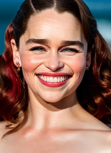 portrait of Emilia Clarke, smiling , wearing prom dress , with dark red Beachy waves, background ocean, epic (photo, studio lighting, hard light, sony a7, 50 mm, matte skin, pores, colors, hyperdetailed, hyperrealistic), <lyco:Emilia Clarke:1.1>