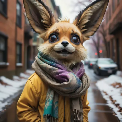 designed by Donato Giancola, Portrait of a Disgusting (Eevee:1.2) wearing a Scarf, inside a Resonant nature, street, soft focus, Horror, Printcore, Depth of field 270mm, Pastel Colors