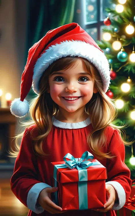 a little girl holding a present in front of a christmas tree, smiles, Wearing a Santa hat, a digital painting, fantasy art, girl with brown hair, beautiful art uhd 4 k, portrait of a cute girl, portrait of beautiful girl, oil watercolor, airbrush