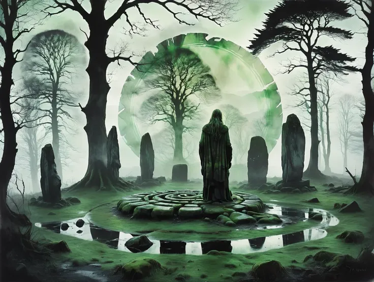 a painting of a person standing in a circle surrounded by trees