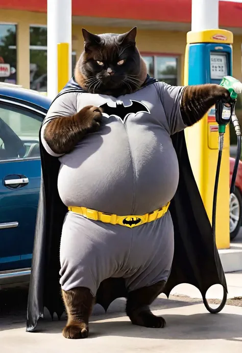 Photo of obese cat putting gas into a car, dressed as batman, gas station