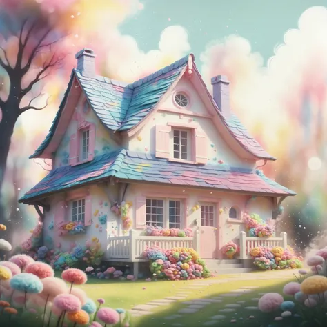 A hyper detailed illustration of a colorful cute adorable cottage, cotton candy flowers splash, in the style of Studio Ghibli, light white and pink pastel tetradic colors, cute and quirky, fantasy art, watercolor effect, bokeh, hand-drawn, soft lighting