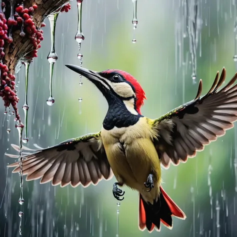 (by Zoe Buckman:1.3) , installation art, Water color painting, intricate background, angle from below of a Heavenly Woodpecker, Raining, in focus, Minecraftcore, F/5