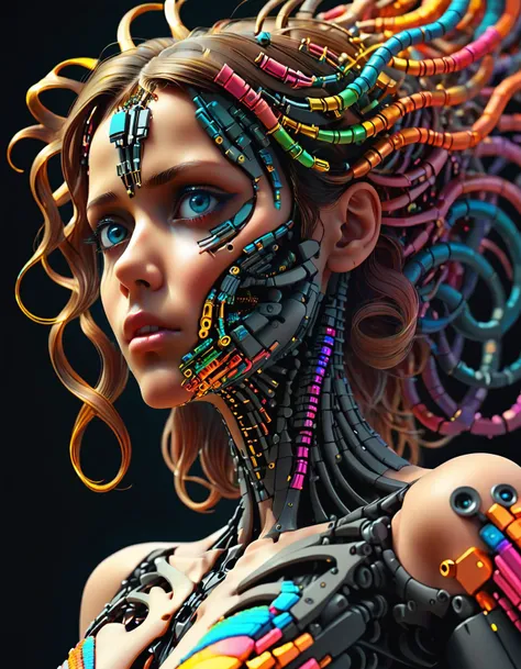 <lora:wowifierXL:0.6>, colorful binary code effect forming a silhouette of a woman decaying away into bits and bytes, gleaming eyes, upper body portrait, fusion of technology and art, intricate detail,  masterpiece, illustration, surrealism, highly detaile...