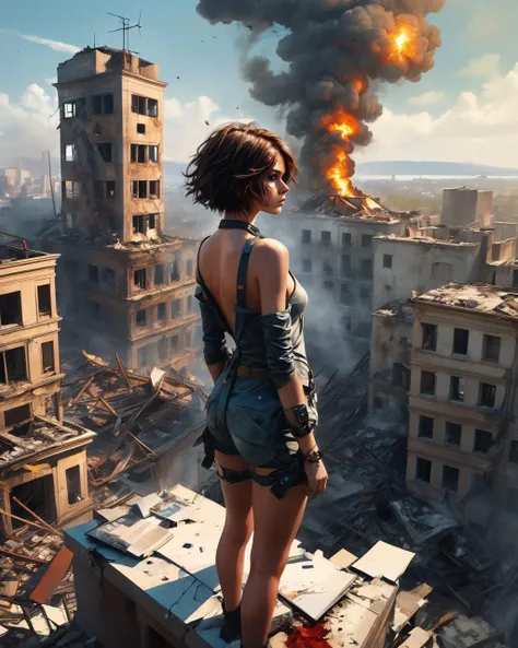 1girl ,  , messy short hair,  detailed face, sad but intense, 
standing on the top of a destroyed building , ruins,  smokes, fire
from above, eagle eye view
(masterpiece, best quality , realistic, photorealistic, art by Andreas Franke Benedick Bana),